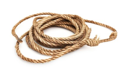 Obraz premium A coil of thick, brown rope isolated on a white background.