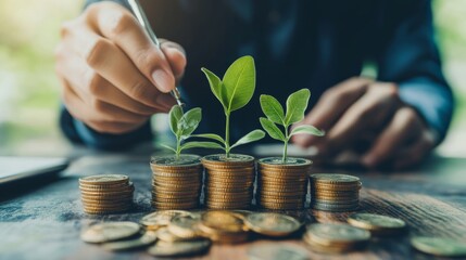 Close-up of a person planning long-term financial goals with stacks of coins on the table, saving concept.