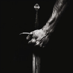 Monochrome Image of Hand Holding a Sword
