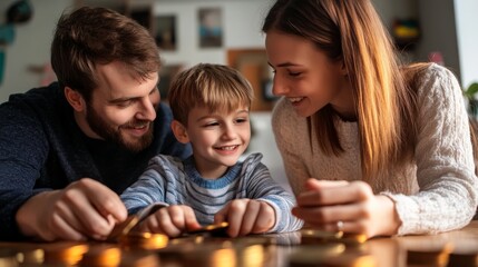 Fototapeta premium Parents teaching their child about saving money, emphasizing the importance of financial literacy, responsibility, and the value of saving for the future through practical money lessons.