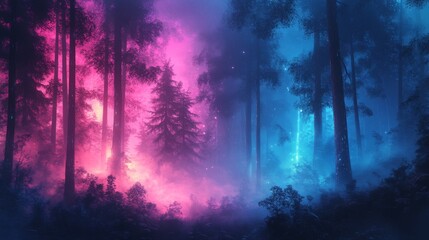 Silhouetted Trees in a Dreamlike, Glowing Forest