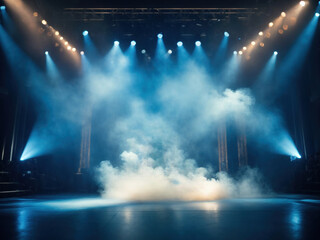 Blue spotlight smoke stage entertainment background.