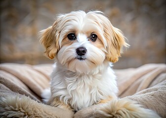 Adorable white and tan Maltese-Havanese mix dog with floppy ears and big brown eyes sits on a soft blanket, looking cute and endearing.