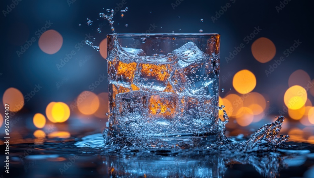 Poster water splash in glass with ice cubes