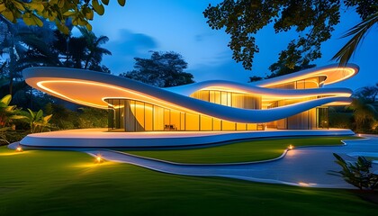 Wavy Modern Architecture Illuminated by Vibrant Lights Amidst Serene Gardens in Evening Glow