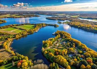 Aerial view of Alexandria, Minnesota, featuring a sprawling lake, surrounding trees, and rolling hills, with a partially unfolded map in the foreground.