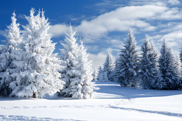 Naklejka premium Snow-covered trees in a serene winter landscape under a blue sky with fluffy clouds.