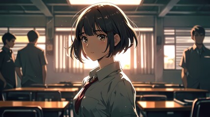 Fototapeta premium Quiet Moment in the Classroom - Anime Girl in School Setting