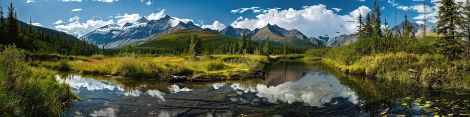 A tranquil mountain stream flows through lush valleys and forests, reflecting the grandeur of the snow-capped peaks.