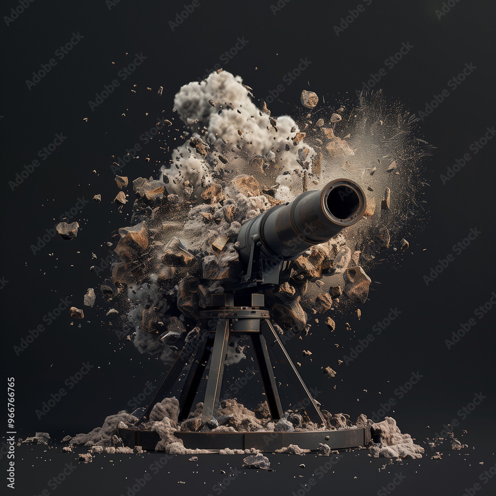 Wall mural cannon firing with debris explosion