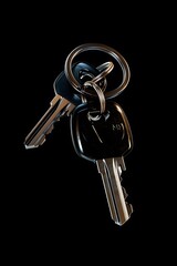 A close-up of two keys on a key ring against a black background.