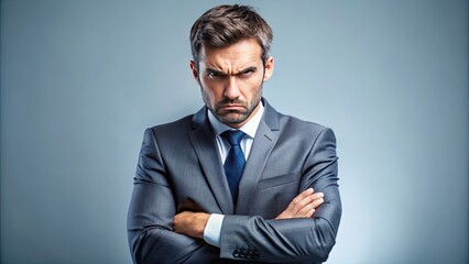 A frustrated businessman in a suit and tie crosses his arms, scowling with a firm denial, conveying strong opposition, disagreement, and refusal.