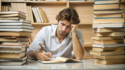 A frustrated young adult sits at a desk, surrounded by stacks of books, with a puzzled expression, holding a pen and staring at a blank paper.