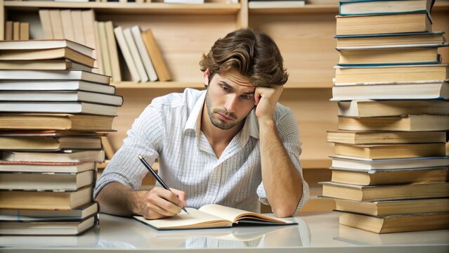 A frustrated young adult sits at a desk, surrounded by stacks of books, with a puzzled expression, holding a pen and staring at a blank paper.