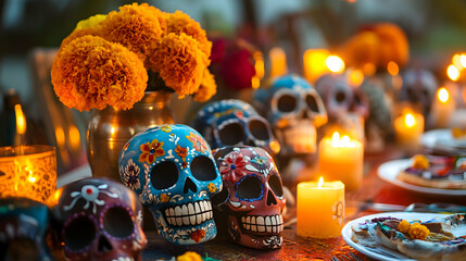 Fototapeta premium A long table filled with decorated sugar skulls of various sizes and colors, placed next to candles, marigolds, and traditional Mexican food, ready for a Day of the Dead celebration