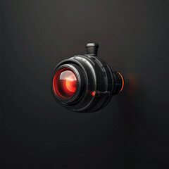 Glowing red futuristic camera lens with mechanical frame
