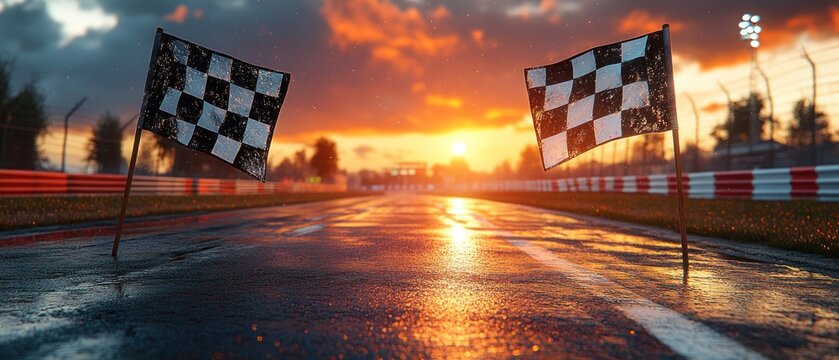 Checkered Flags Marking Finish Line on Wet Track at Sunset