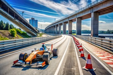 A high-speed Formula One race car zooms past a partially completed highway under construction, surrounded by heavy machinery and traffic cones on a sunny day.