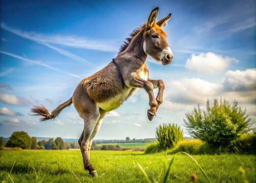 A humorous and playful donkey stands on its hind legs, rearing up to deliver a kick with its front hooves, showcasing its feisty personality.