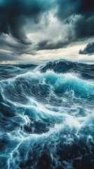 Dramatic ocean waves under stormy sky, nature power concept