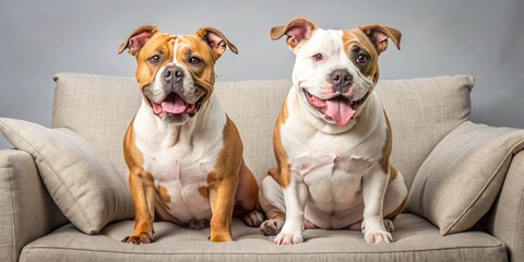 A loving English bulldog and playful pit bull mix breed dog sit side by side on a comfortable couch, showcasing their friendly companionship.