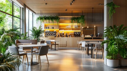 A modern coffee shop interior with sleek furniture, vibrant plants, and a warm, welcoming ambiance, ideal for relaxation and casual work meetings.