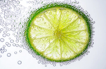Close up of fresh lime slice in sparkling water isolated on white background with bubbles
