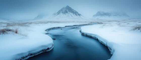 Obraz premium A Serene Stream Cutting Through a Snowy Mountain Landscape