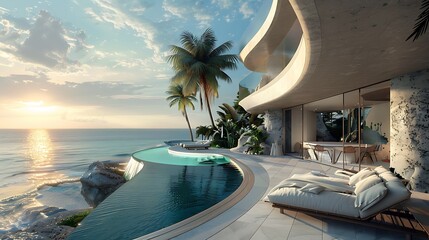 Fototapeta premium Modern architectural masterpiece perched on a cliff overlooking the ocean, featuring a sleek infinity pool and luxurious outdoor living spaces.