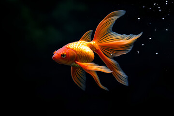 A vibrant goldfish swims gracefully in a dark aquatic environment, showcasing its beauty.