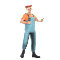 3D Male Painter in Studio. A male painter stands with his right hand holding a magnifying glass while his left hand points to the left. Professional Character