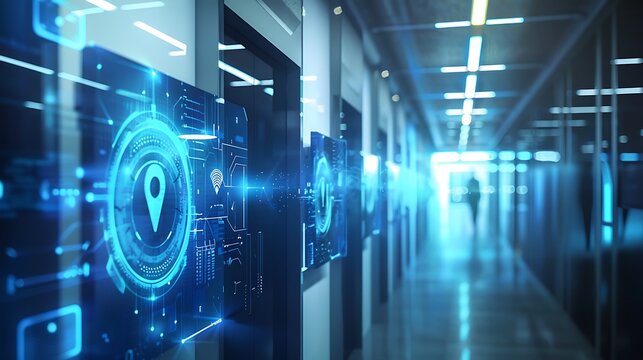 Futuristic office hallway with screens displaying digital data and location tracking technology. The image showcases the integration of technology in modern workplaces. - Powered by Adobe