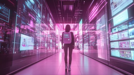Fototapeta premium A futuristic shopping experience where a person browses virtual stores in a digital mall.