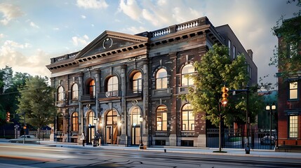 Fototapeta premium Historic building showcasing its classic architecture, showcasing a beautiful blend of old and new styles. The building's exterior boasts intricate details, elegant windows,