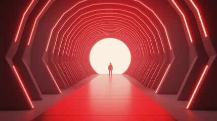 Naklejka premium A solitary figure walks towards a bright, glowing exit in a futuristic red-lit tunnel inviting curiosity and exploration.