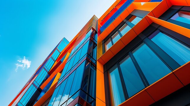 Modern building with vibrant orange blue and red accents for dynamic composition featuring glass facade and geometric shapes architectural design concept.