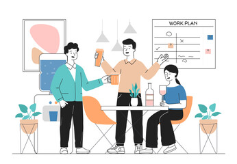 People with corporate event. Men and woman with alcoholic drinks. Business holiday and party. Colleagues with beer and wine in office. Linear vector illustration