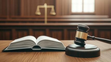 Judge s bench with an open law book and gavel, emphasizing authority in court rulings, 3D illustration