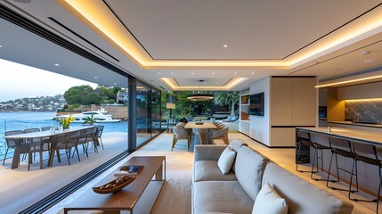 Modern living room with large windows sea view Interior is furnished with stylish comfortable sofa coffee table dining table modern island kitchen.