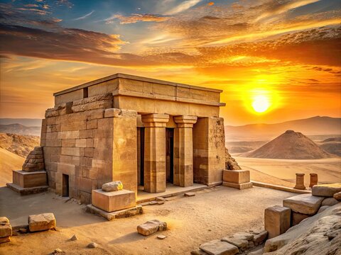 Ancient Egyptian stone mastaba tomb with intricately carved hieroglyphics and majestic stone pillars standing proudly amidst the vast desert landscape at sunset.