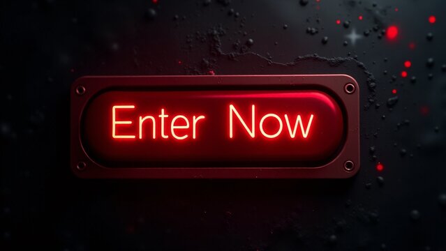Bright red "Enter Now" buttons against dark, industrial backgrounds, evoking urgency and technological themes
