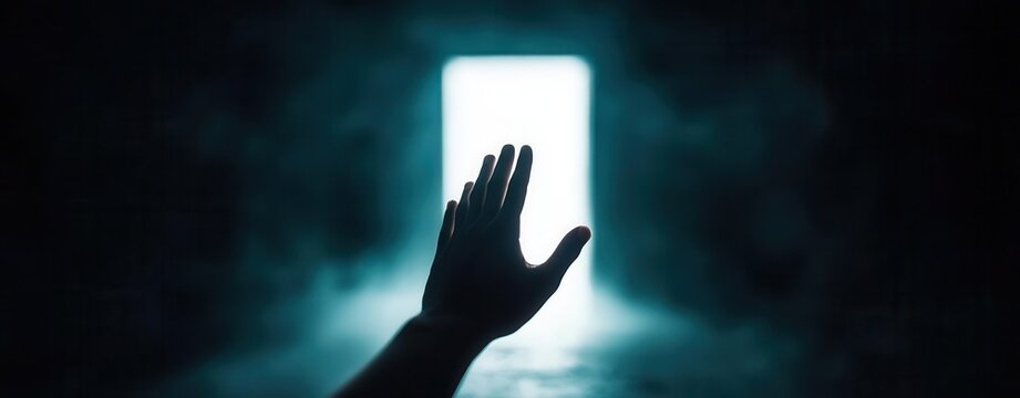 A hand reaching out of a dark fog towards a light-filled open door, symbolizing finding hope amidst grief, Sadness, Emotional Healing, Light