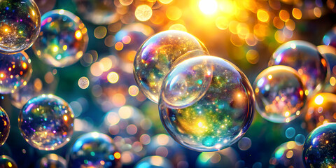 Ephemeral Iridescent Dreams: Shimmering soap bubbles dance in the golden sunlight, reflecting a spectrum of vibrant colors. 