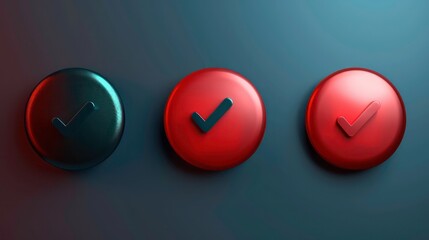 Three 3D glossy circles with checkmarks, one black and two red, against a blue background.