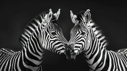 Naklejka premium Two zebras stand side by side, their heads close together as if they are mirroring each other.