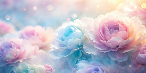 Fototapeta premium Pastel Dreams: Soft focus peonies bloom in a delicate pastel palette, bathed in a magical light. A dreamlike, ethereal backdrop for your website, social media, or branding projects.