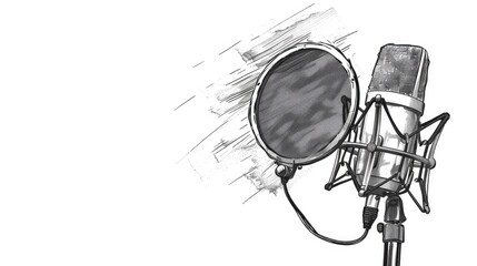 Studio microphone on white background with copy space. Sketch illustration.