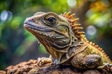 Obraz premium A rare and ancient species, the Sphenodon punctatus, also known as the tuatara, sits on a rock, showcasing its distinctive crest and spiky scales.