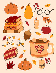 Cute set of autumn elements. Books, cocoa, blanket, pumpkins, acorn, leaves. Flat vector illustration.