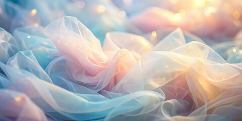 Fototapeta premium Dreamy Pastel Fabric with Fairy Lights: A delicate, abstract backdrop with soft, dreamy pastel hues and warm fairy lights. Perfect for creating a magical and ethereal mood in your design projects. 
